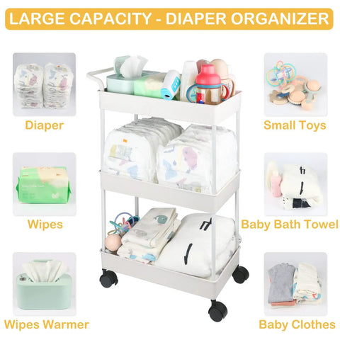 Beige Diaper Caddy Organizer With Movable Cart For Changing Table And Crib showing storage of diapers, wipes, and baby essentials.