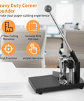 Hand Operated Corner Rounder Cutter with R6 and R10 Dies for paper and laminate, heavy duty tool, shown with cutting specs and lever.