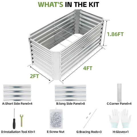What's in the kit for 2 Pack Raised Garden Bed 4x2x2 Ft Galvanized Steel With Deep Root Planter Boxes Wing Nut Fasteners And Safety Edges