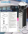 Salt Cell Replacement Kit For Nature2 Fusion Soft FSOFT700 Water System Fits Pools Up To 12,000 Gallons Includes O Ring And Replacement Parts R0502800 2803-058 383062 Easy Install with installation guide and accessories, close-up view.