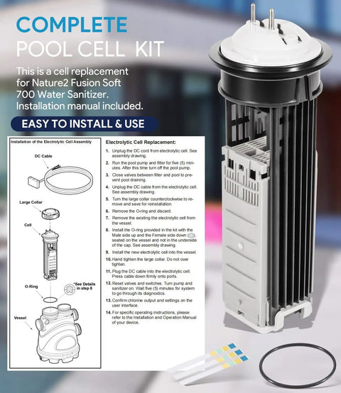 Salt Cell Replacement Kit For Nature2 Fusion Soft FSOFT700 Water System Fits Pools Up To 12,000 Gallons Includes O Ring And Replacement Parts R0502800 2803-058 383062 Easy Install with installation guide and accessories, close-up view.