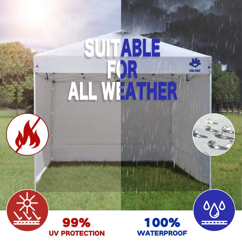 Instant Canopy Sidewalls For 10x10 Pop Up, Waterproof With 99 Percent UV Protection shown in sunny and rainy conditions