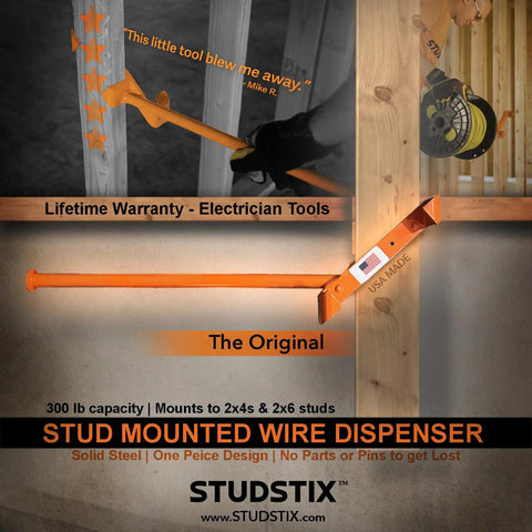 Heavy Duty Wire Dispenser For Stud Framing Mounts To 2x4 And 2x6 Wood Studs With Solid Steel Construction Delivers Fast Load No Fuss Payout For Reels Coils And Cables Made In USA, shown attached to wooden studs with wire reel