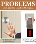 Deadbolt Strike Plate Restorer That Fixes Door Latch Misalignment and Sticking, Large Hole and Narrow Edge Frame for Easy, No More Jam, Aging Door Solution, Quick Fit, Silver illustration showing misalignment problem
