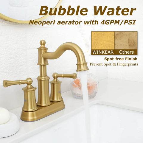 Roman Style Bathroom Sink Faucet With Deck Or Wall Mount Setup, Brushed Gold Finish, shown with flowing water and aerator