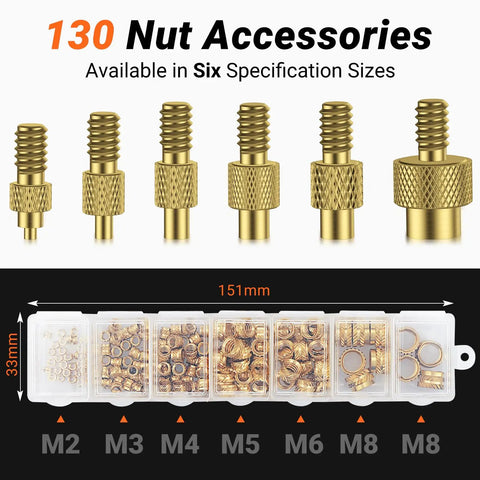 Heat Set Insert Tip Set With Soldering Iron 60W Includes Six Heat Set Tips And 130 Pcs Threaded Inserts For M2 M3 M4 M5 M6 M8