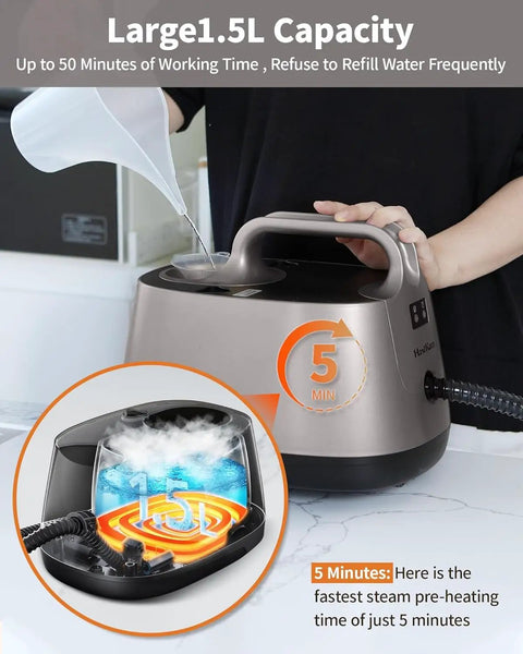 Handheld Steam Cleaner Mop With 50 Oz Tank Delivers 293 Degree Jet Hot Steam Pressure For Deep Cleaning Carpets Floors And Cars Powerful Heavy Duty Steamer Includes 21 Nozzles For Cracks And Tile Work Effortless Home Care Tool Turquoise Finish with a large water tank being filled.