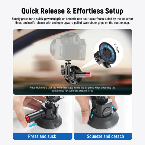 Quick release mechanism of 3 Inch Suction Cup Camera Mount With Dual Ball Head Arm And Quick Release for action cams and phones.