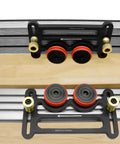 Rock Solid Double Wheel Bearing Locator Boards For Table Saw Featuring Grippy Rubber Rollers and Precision Sliding Plates for Zero Stress Wood Pressing Feeder Jig Assembly on wood surface.