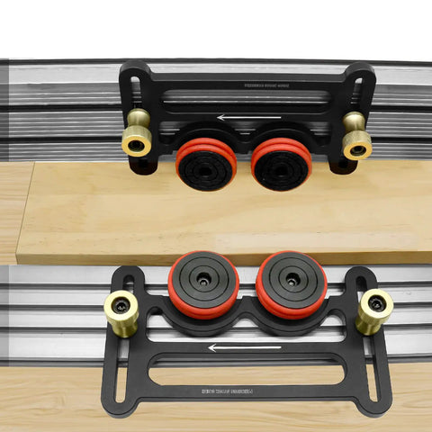 Rock Solid Double Wheel Bearing Locator Boards For Table Saw Featuring Grippy Rubber Rollers and Precision Sliding Plates for Zero Stress Wood Pressing Feeder Jig Assembly on wood surface.