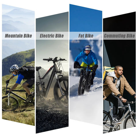 Collage of four bicycles: mountain bike, electric bike, fat bike, and commuter bike.