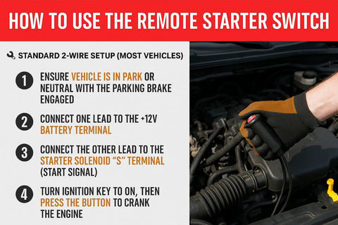 Person using Heavy Duty Remote Starter Switch For Cars And Trucks With Push Button Start 5 Foot Wire Leads And Alligator Clips Hands Free.