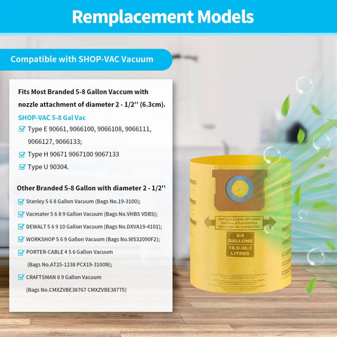 Chart showing compatible vacuums with 10 Pack High Efficiency Type H Dust Collection Bags for 5-8 Gallon Vacuums, Easy Fit Disposable