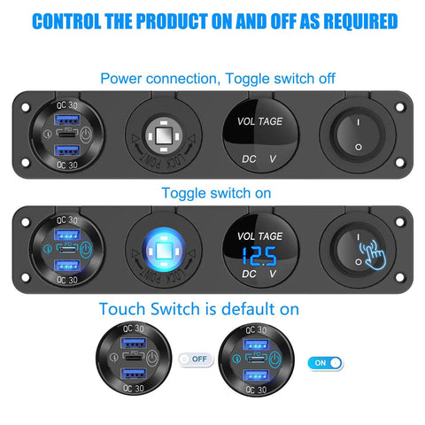 4 In 1 12V USB Outlet Marine Switch Panel Kit with PD3.0 and Dual QC3.0 ports, toggle and voltmeter view