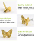 Four small images showcasing 6-pack zinc alloy antique butterfly drawer knobs with screws; highlighting durability, smooth edges, and gold finish.