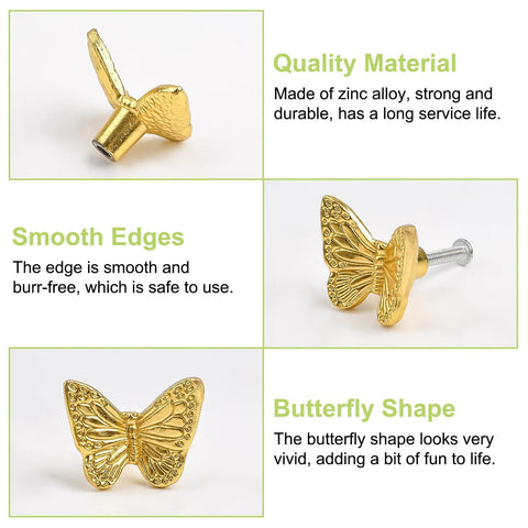 Four small images showcasing 6-pack zinc alloy antique butterfly drawer knobs with screws; highlighting durability, smooth edges, and gold finish.