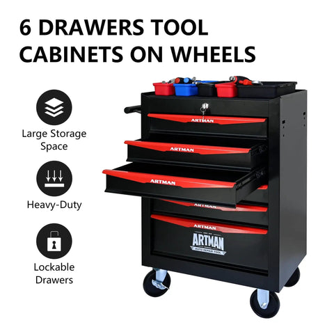 Heavy Duty 20 Inch Rolling Metal Toolbox Cabinet With Six-Drawer Ball Bearing Slides, Steel Tool Storage Organizer in black and red