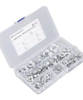 80 Piece T Nut Hardware Set for Wood and Metal, 4 Pronged Tee Nuts, Carbon Steel With White Zinc Plating in storage box.