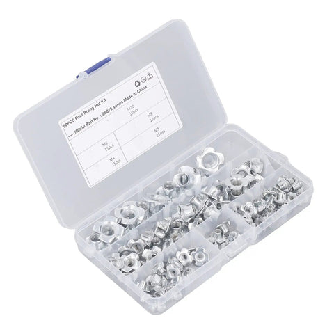 80 Piece T Nut Hardware Set for Wood and Metal, 4 Pronged Tee Nuts, Carbon Steel With White Zinc Plating in storage box.