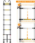 10.5 Foot Telescoping Ladder With Hook, Go-To Aluminum Folding Extension Ladder For Home And RV, Attic Or Garage, Multi Use Durable Aluminum Ladder With Easy Extend And Lock, Supports Up To 330 Lbs. folded aluminum ladder with hook showing storage steps