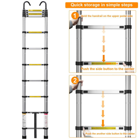 10.5 Foot Telescoping Ladder With Hook, Go-To Aluminum Folding Extension Ladder For Home And RV, Attic Or Garage, Multi Use Durable Aluminum Ladder With Easy Extend And Lock, Supports Up To 330 Lbs. folded aluminum ladder with hook showing storage steps