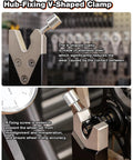 Close-up of V-shaped hub-fixing clamp on Pro Grade Bicycle Wheel Truing Stand For Professional Mechanics, showing adjusting screw and mounted wheel.
