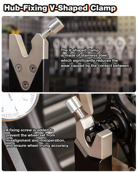 Close-up of V-shaped hub-fixing clamp on Pro Grade Bicycle Wheel Truing Stand For Professional Mechanics, showing adjusting screw and mounted wheel.
