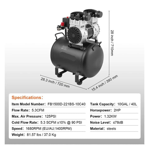 PWLFJWOLF Oil Free Air Compressor 750W Quiet Portable Pump 40L Tank High Efficiency For Factory Industrial Use Reliable Gas Supply Low Noise Stable Performance Ideal For Shop And Workshop Projects