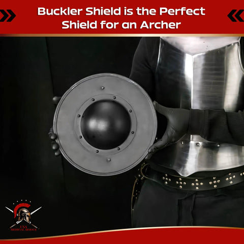 Person holding Medieval Buckler Shield 12 Inch 16 Gauge Steel Handheld Shield With Wooden Grip For LARP Reenactment Cosplay And Display