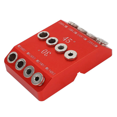 Premium Pocket Hole Jig With 30 Degree And 45 Degree Drill Guide For Slick Woodworking Projects, red aluminum fixture with steel drill sleeves.