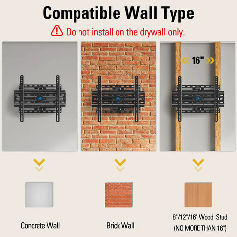 Heavy Duty Full Motion TV Wall Mount For 32 To 70 Inch Sets Up To 99 Lbs shown mounted on concrete, brick, and 16 inch wood stud walls.