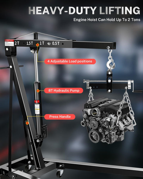 Heavy Duty 2 Ton Hydraulic Engine Hoist With Lever Folding Cherry Picker 6 Locking Wheels 4 Boom Positions Lifts Car Engines