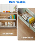 Expandable Two Pack Under Cabinet Pots And Pans Organizer With 9 Adjustable Dividers And Dual Purpose Lid Rack, shown in cabinets and drawers
