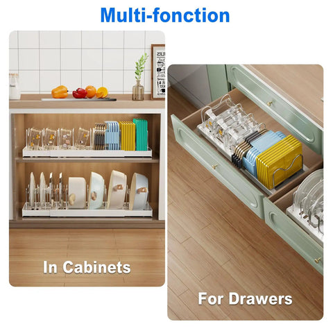 Expandable Two Pack Under Cabinet Pots And Pans Organizer With 9 Adjustable Dividers And Dual Purpose Lid Rack, shown in cabinets and drawers