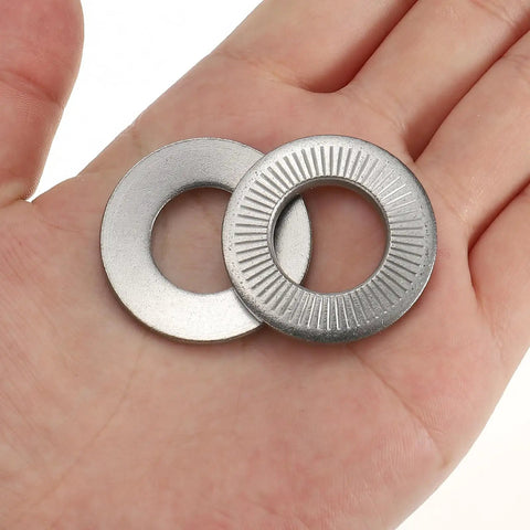 Badass Grade 304 Stainless Steel Belleville Spring Disc Washers M16x32mm Conical Locking Knurled Gasket Bolts Heavy Duty Hardware For Automotive Industrial Construction Mechanics And Diy Projects Guaranteed Strong Hold And Zero Corrosion Risk, M16 washer in hand