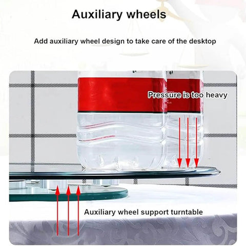 Thick Tempered Glass Lazy Susan Turntable For Parties And Weddings Straight Up Smooth 360 Degree Rotating Serving Tray With Silent Swivel Base, showing auxiliary wheels for support.