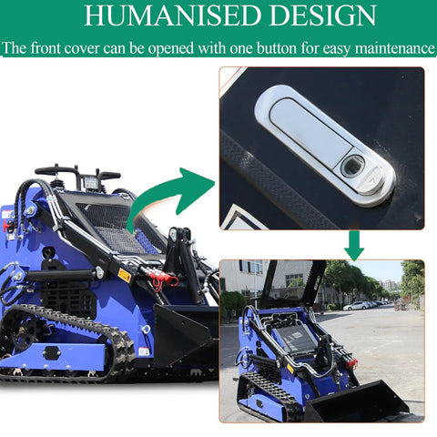 22 HP Mini Skid Steer Loader with dual cooling, open maintenance front cover, ready attachments for construction and farm projects