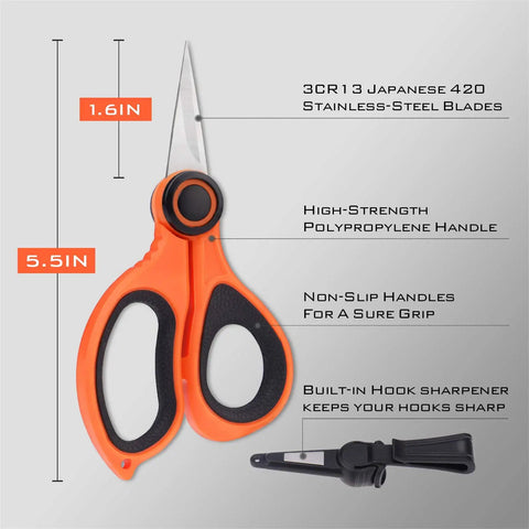 Paradox 5.5 Inch Fishing Scissors With Serrated 3CR13 Japanese 420 Stainless Blades For Braided Line Mono And Fluorocarbon In Freshwater And Saltwater No Fuss Lightweight Durable Handle For Easy On The Go Cuts, orange handle with black grip