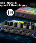 Four Person Podcast Starter Kit With Audio Interface And Four Dynamic Mics, DJ mixer showing 4 mic and headphone inputs