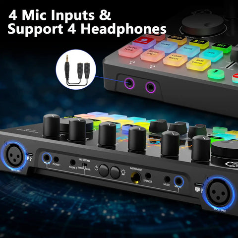 Four Person Podcast Starter Kit With Audio Interface And Four Dynamic Mics, DJ mixer showing 4 mic and headphone inputs