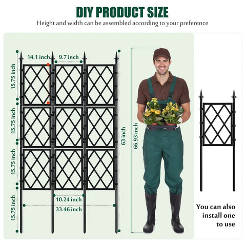 Diagram of Tall 5.25 Ft Garden Trellis Iron Pipe Metal Plant Support for climbing ivy vines and roses with twist tie.