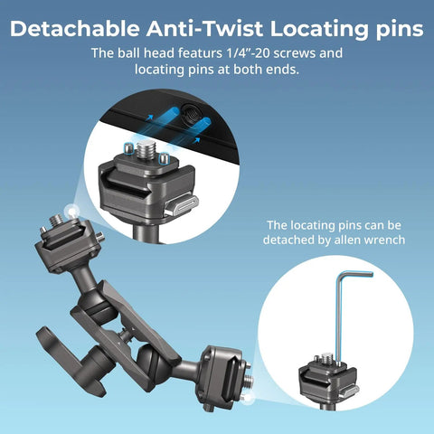 Quick Release Magic Arm With 360 Degree Ball Head, showcasing detachable anti-twist locating pins with one quarter inch screws
