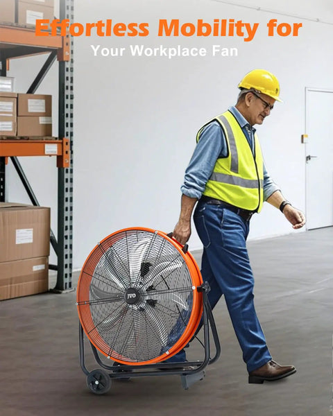 Person moving 24 Inch Industrial Drum Fan With 9500 CFM High Velocity Airflow Heavy Duty 8-Blade Floor Fan in warehouse