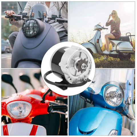 Collage of scooters with a 350W 12V DC Brushed Motor With 9T Gear Reduction for DIY electric bicycle and scooter at center.