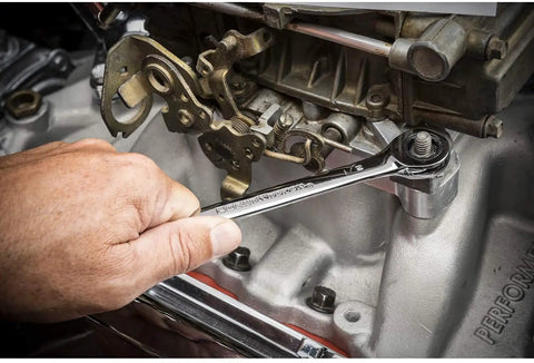 Mechanic using 4 Piece XL GearBox 12 Point Double Box Ratcheting Wrench Add On Set SAE Pro Grade for tough to reach fasteners