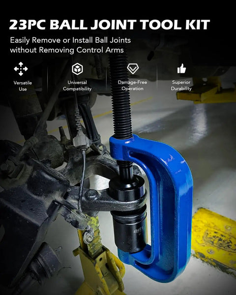 Heavy Duty Workhorse Twenty Three Piece Ball Joint Press Kit With Sure Grip Sockets And Adapters for easy installation of ball joints.