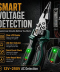 All In One 4-In-1 Wire Stripping And Testing Pliers With Built-In LCD Voltage Tester, foldable multitool, green handle, 12V-250V AC