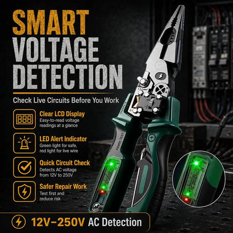 All In One 4-In-1 Wire Stripping And Testing Pliers With Built-In LCD Voltage Tester, foldable multitool, green handle, 12V-250V AC