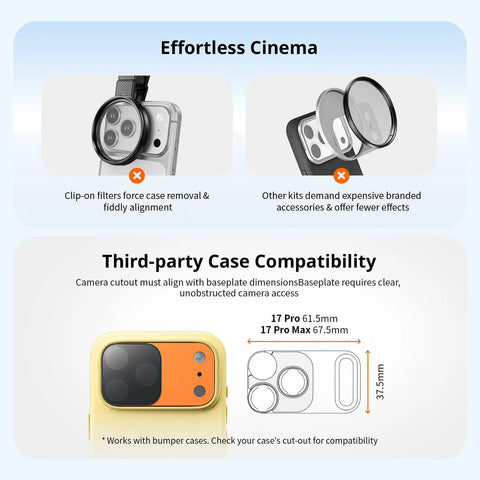 Magnetic Lens Filter Kit For iPhone 17 Pro Max With Base Mount Black Mist Diffusion Quarter Filter compatibility illustration