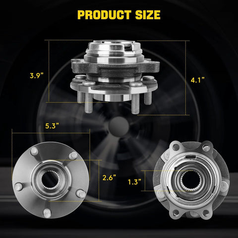 2 Pack Front Wheel Hub And Bearing Assembly Fits Altima 2007 To 2018, Maxima 2009 To 2023, dimensions display, metal construction